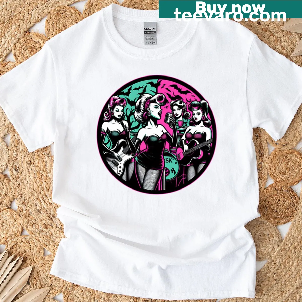 Rockabilly-themed T-shirt for Halloween featuring a girl band design — on a men's t-shirt