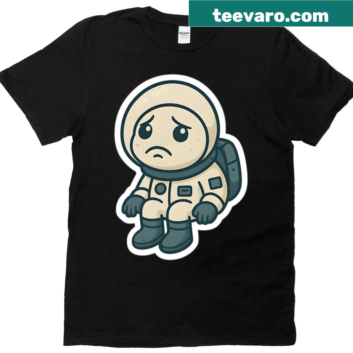 Minimalist cartoon T-shirt featuring a sad astronaut in space — on a men's t-shirt