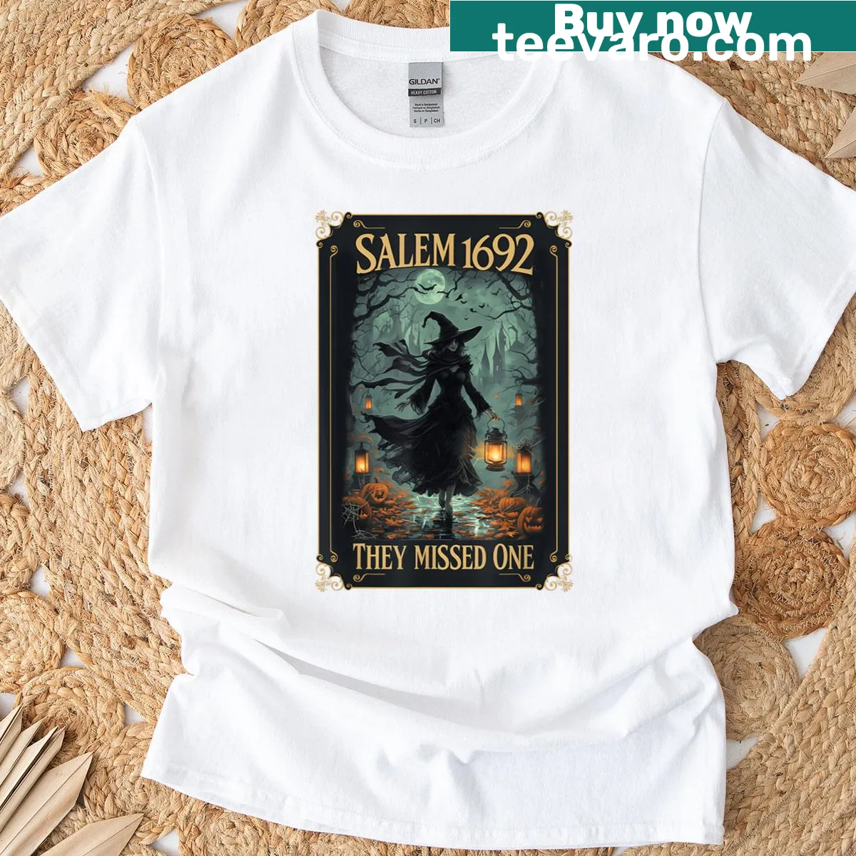 Tarot card design featuring a witch from Salem 1692 on a women's t-shirt — on a men's t-shirt