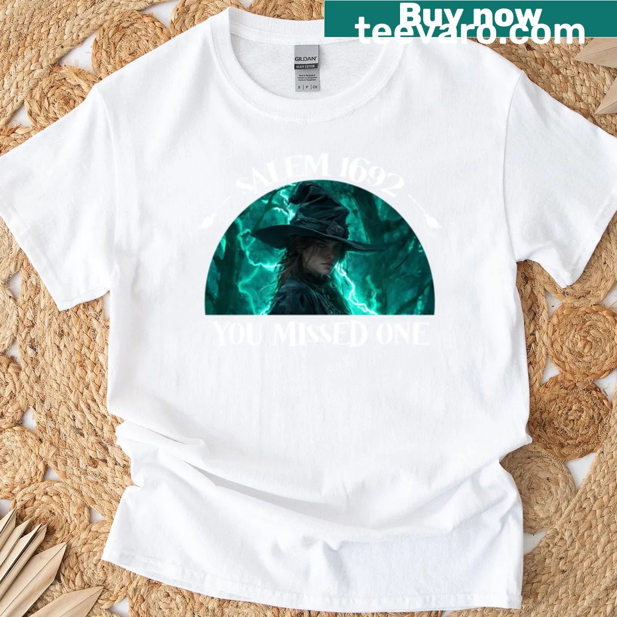 Witty Halloween T-shirt referencing the Salem witch trials — on a men's t-shirt
