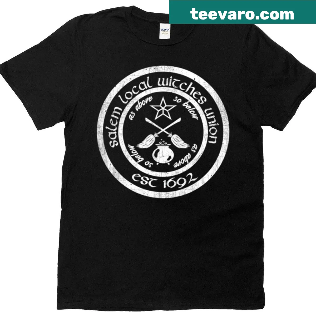 Funny Halloween t-shirt with a witches union design — on a men's t-shirt