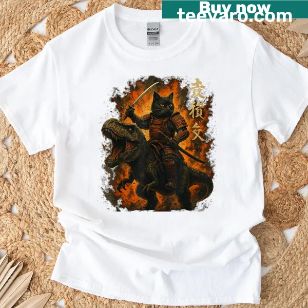 Illustrative T-shirt of a samurai cat riding a dinosaur