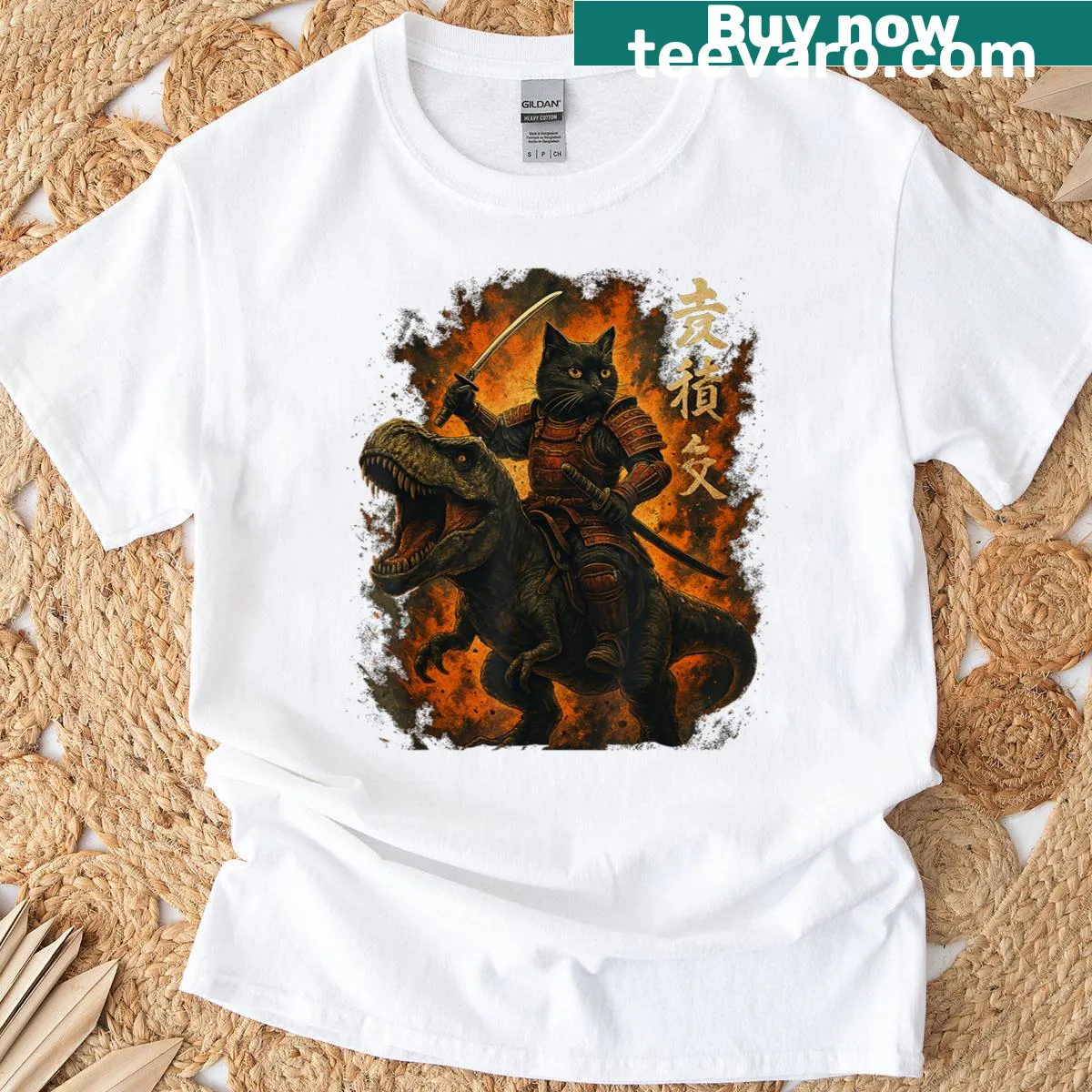 Illustrative T-shirt of a samurai cat riding a dinosaur — on a men's t-shirt