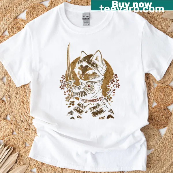 Vintage Samurai Cat T-shirt featuring a cat with a katana in Japanese art style