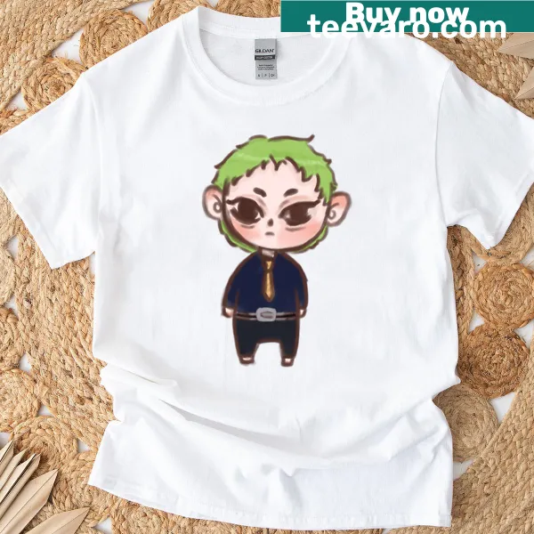 Chibi character with green hair in office attire graphic t-shirt