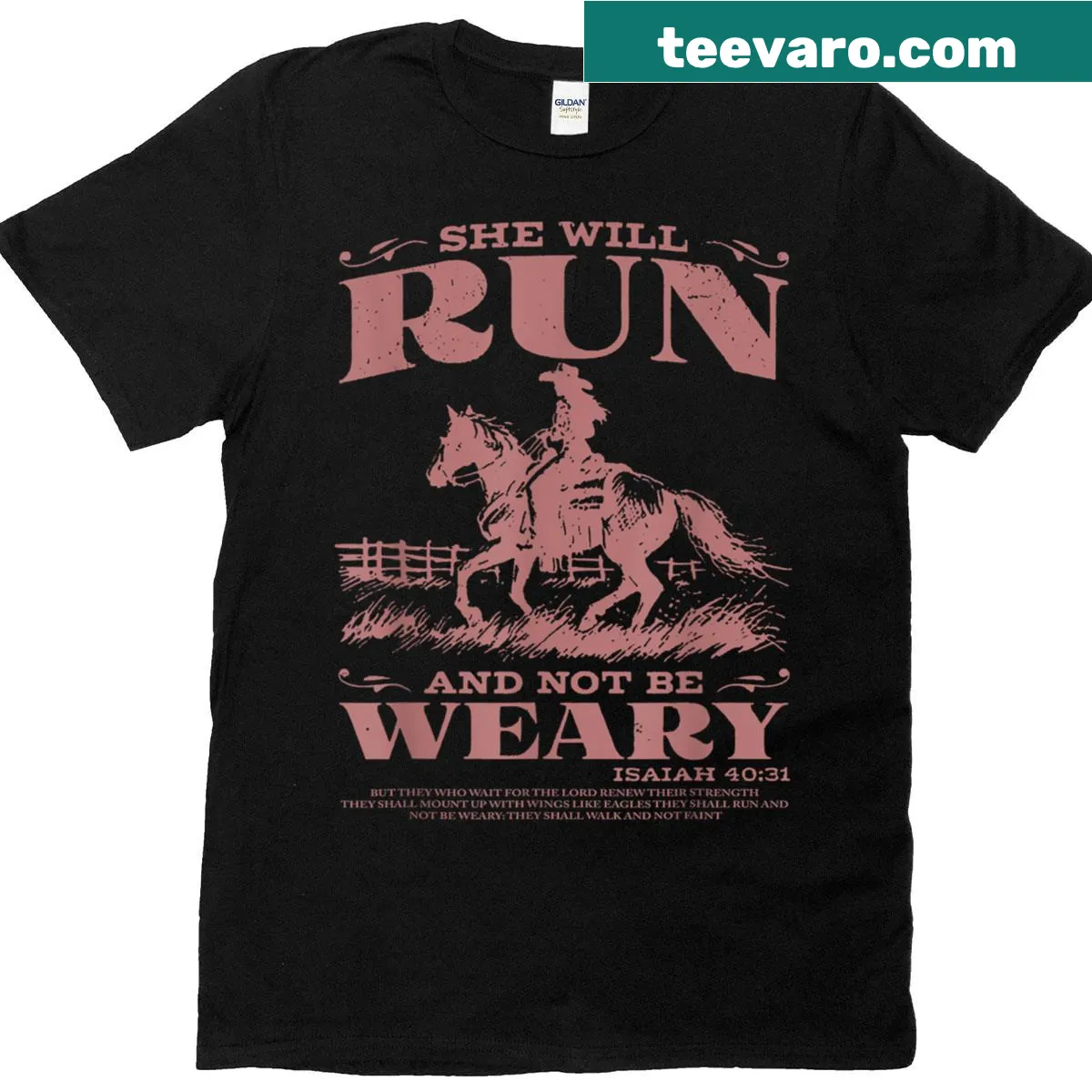 Inspirational T-shirt with the phrase 'She Will Run And Not Be Weary' — on a men's t-shirt