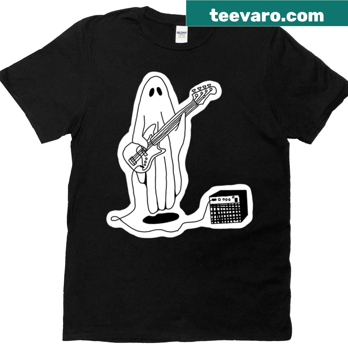 Cartoon ghost playing bass guitar in a fun design — on a men's t-shirt