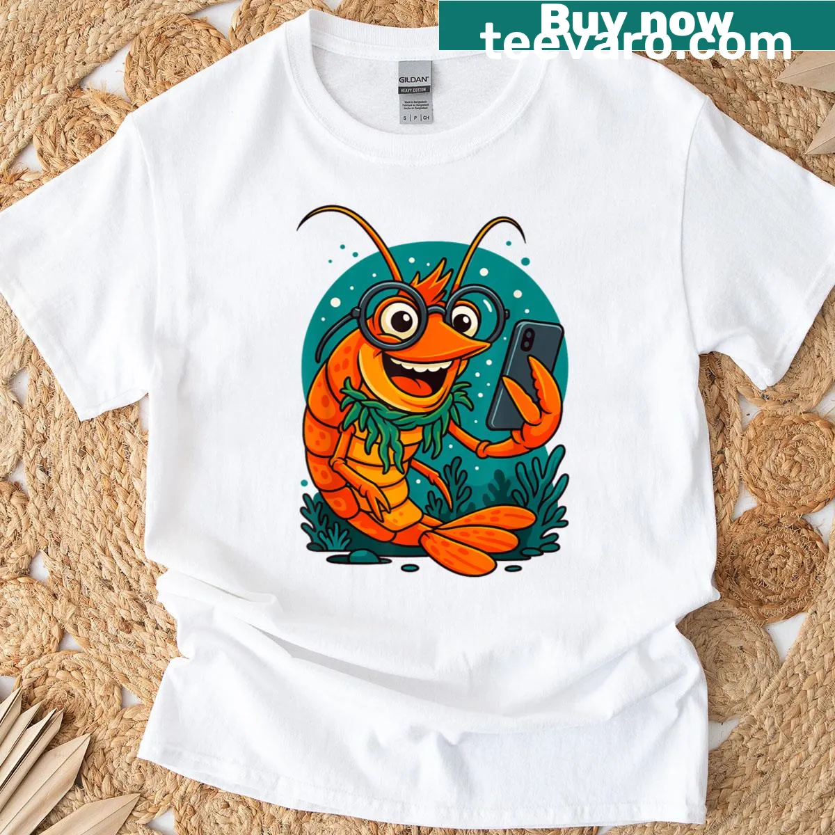 Cartoon shrimp taking a selfie on a funny shrimp lover t-shirt — on a men's t-shirt