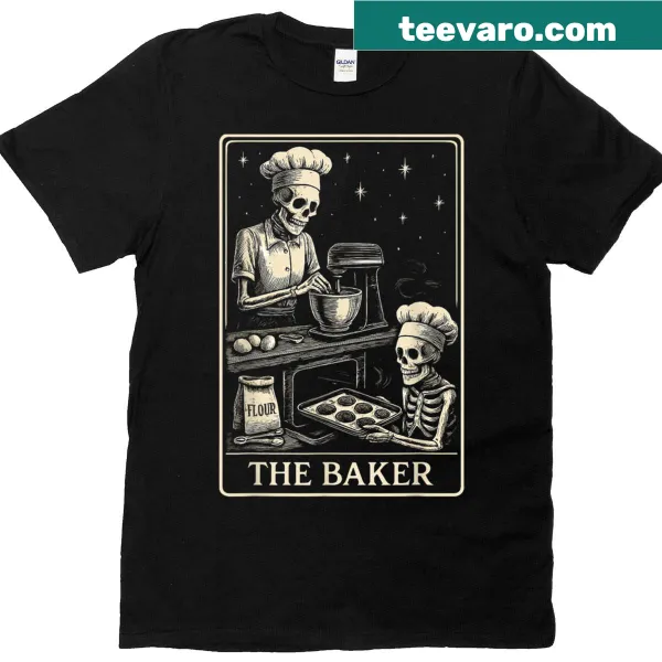 Whimsical t-shirt featuring a skeleton baker design inspired by tarot cards.