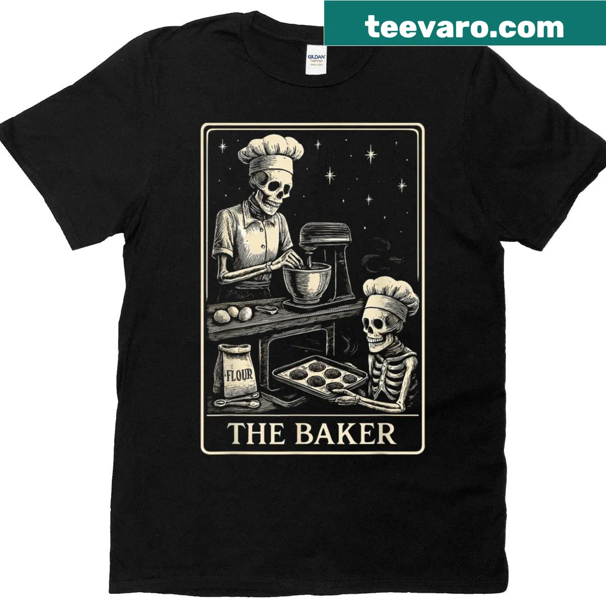 Whimsical t-shirt featuring a skeleton baker design inspired by tarot cards. — on a men's t-shirt