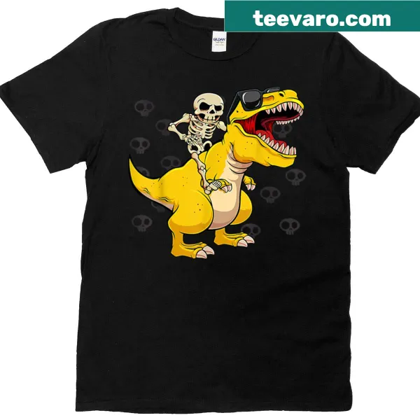 Funny skeleton riding T-Rex Halloween T-shirt