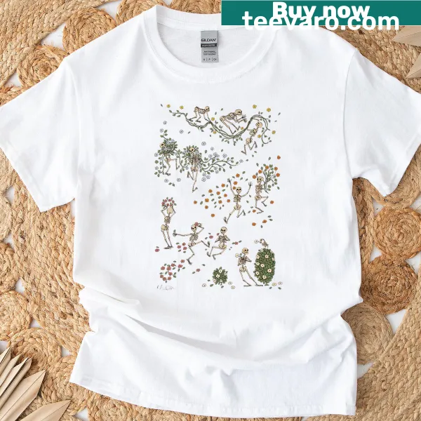 Playful skeletons wearing garlands illustration on T-shirt
