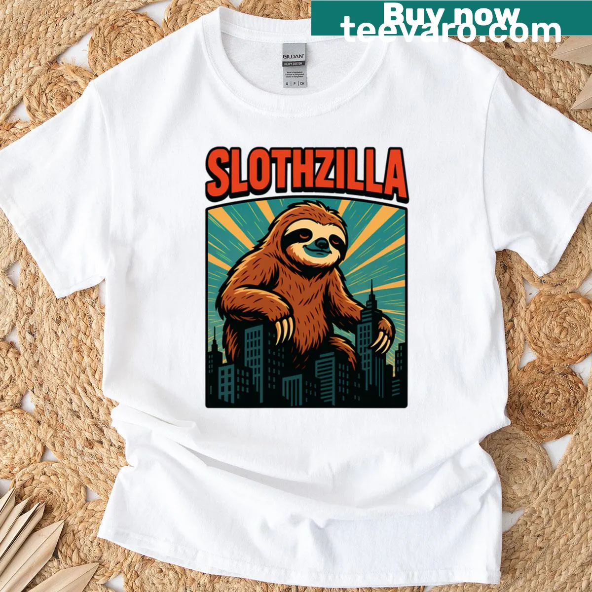 Cartoon sloth as Slothzilla graphic t-shirt — on a men's t-shirt