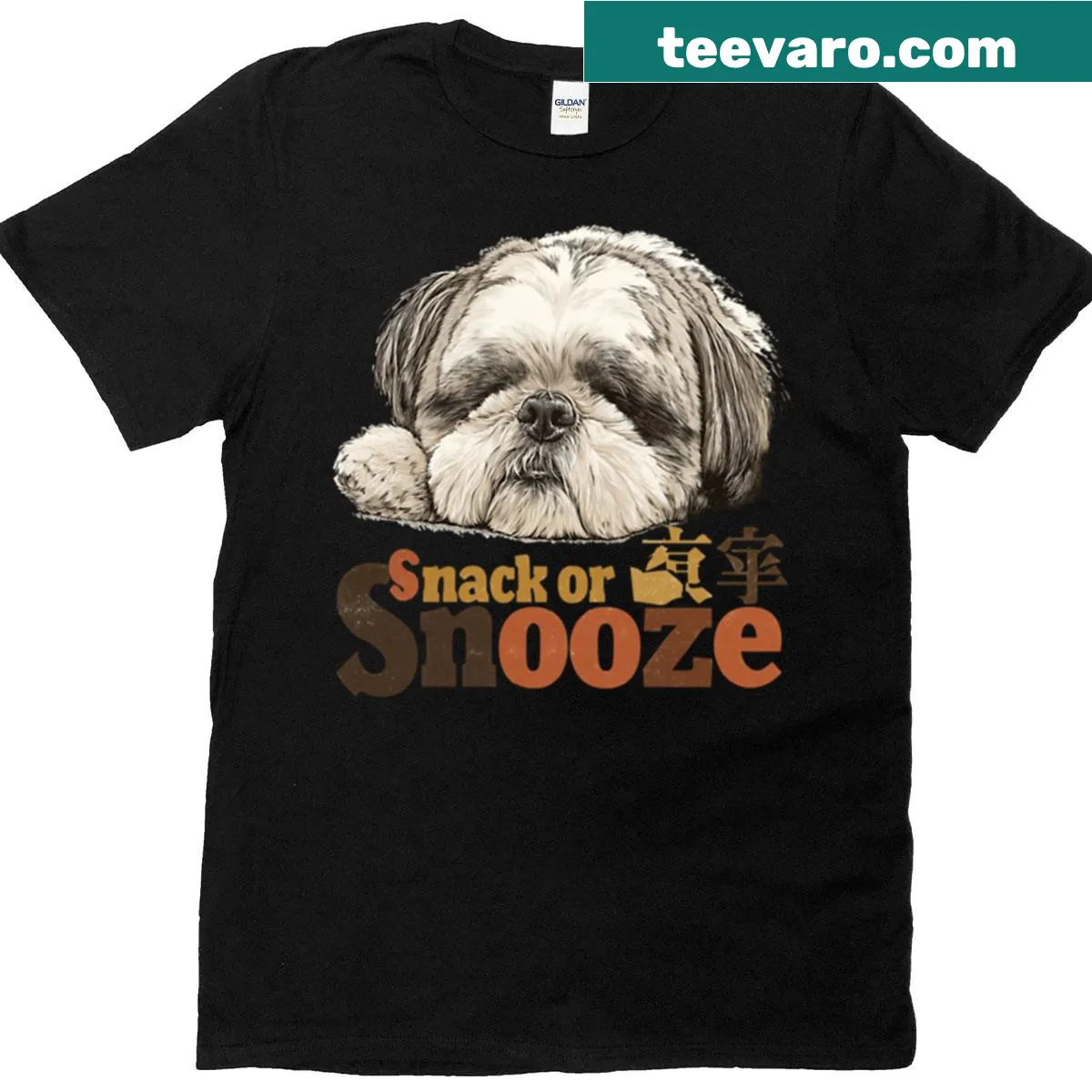 Illustration of a Shih Tzu with the text Snack or Snooze — on a men's t-shirt