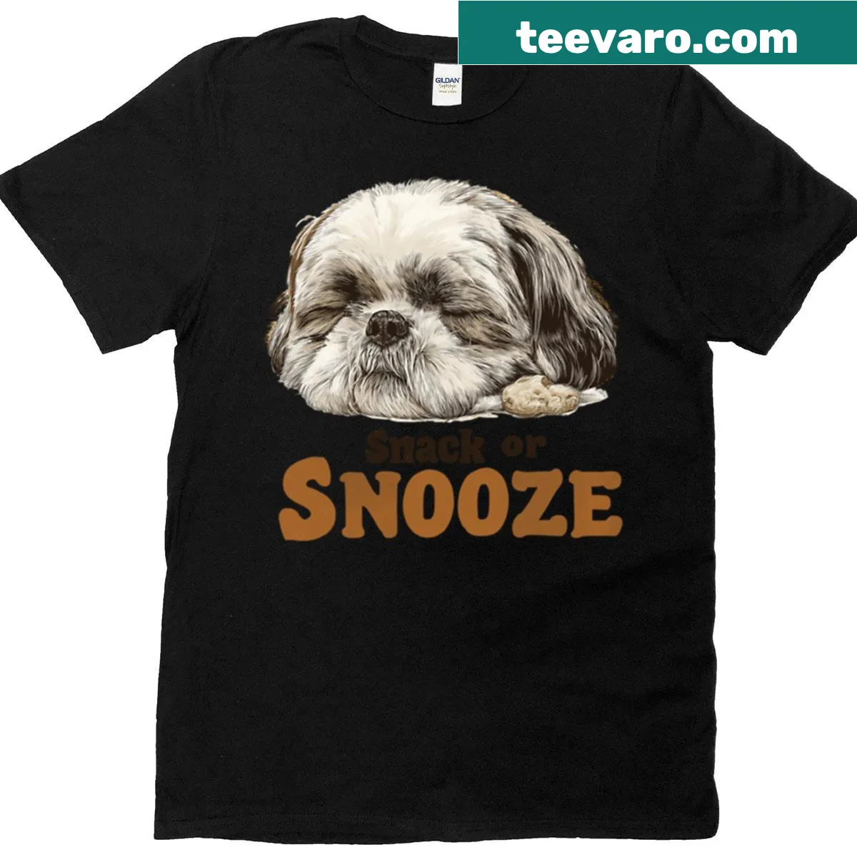 Cartoon Shih Tzu design with the phrase Snack Or Snooze — on a men's t-shirt