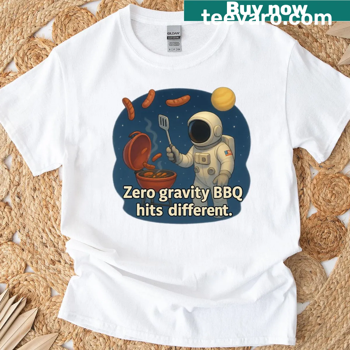 Playful typography on a space-themed BBQ t-shirt — on a men's t-shirt