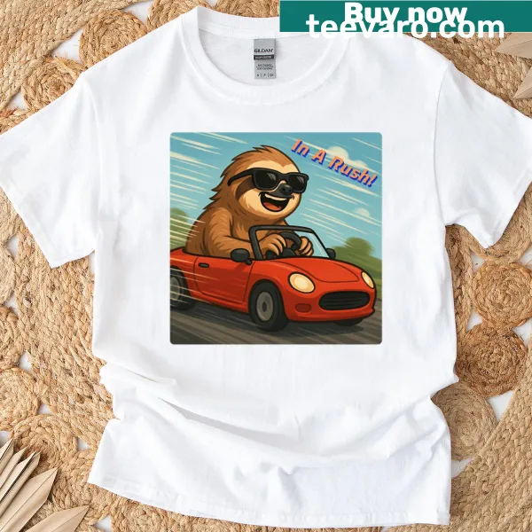 Oversized T-shirt featuring a funny sloth illustration in a rush
