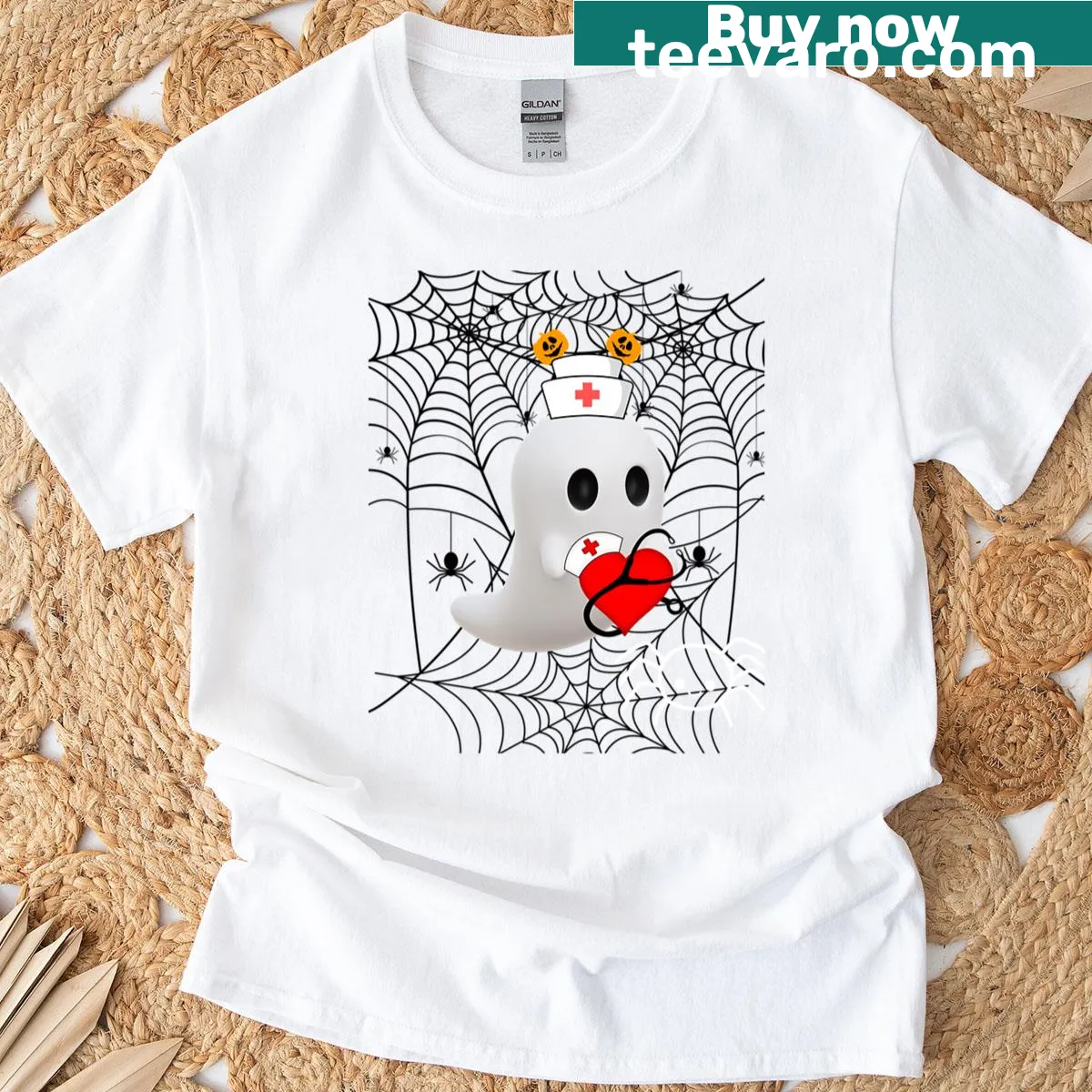 Halloween t-shirt featuring a ghost nurse design with a heart, perfect for healthcare workers — on a men's t-shirt