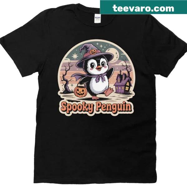 Chibi penguin witch design on a retro Halloween t-shirt