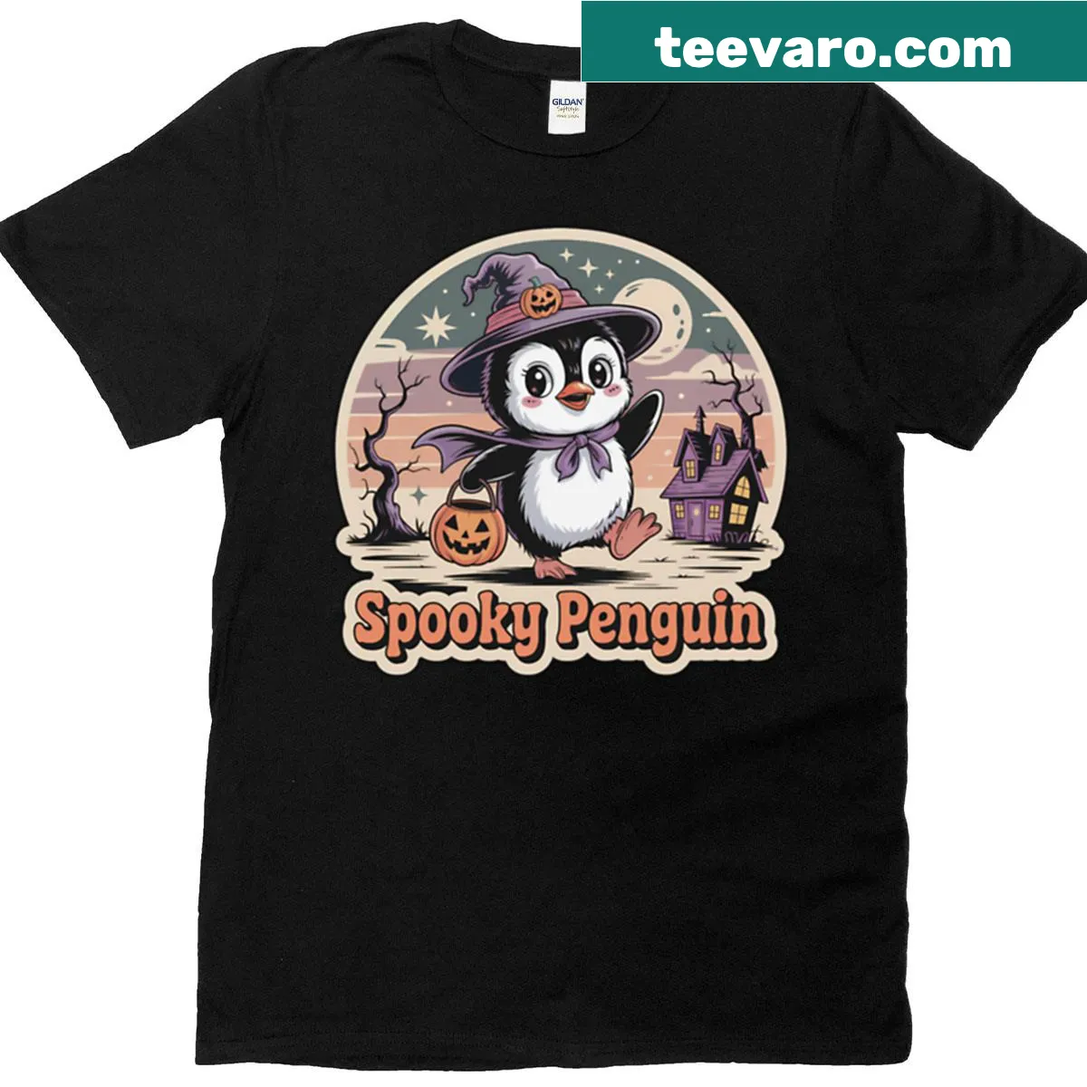 Chibi penguin witch design on a retro Halloween t-shirt — on a men's t-shirt