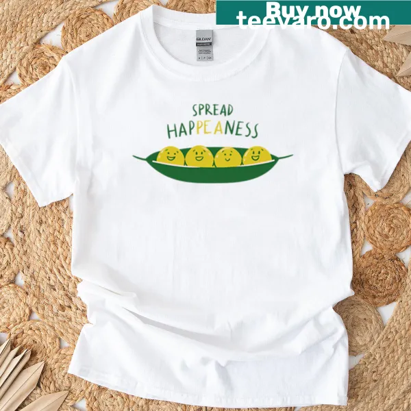Cute peas in a pod graphic promoting happiness on a t-shirt