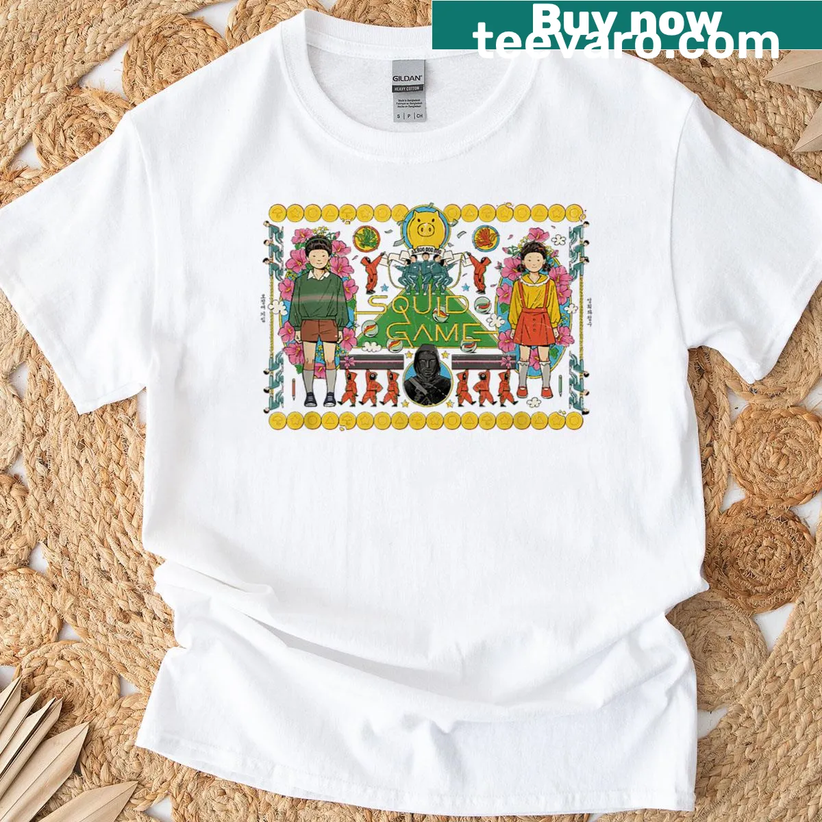 Collage of Squid Game Season 3 icons on a T-shirt — on a men's t-shirt