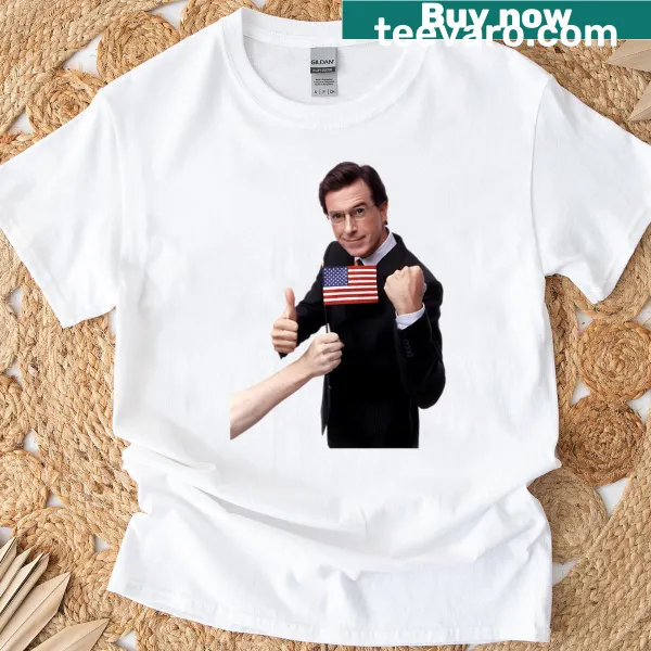 Illustration honoring Stephen Colbert as an American hero on a t-shirt