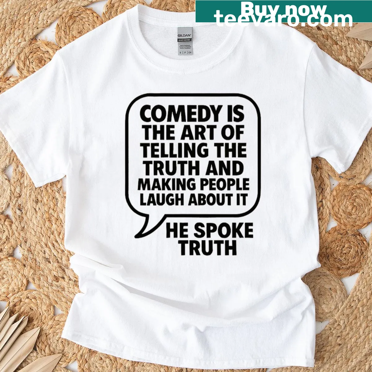Typography t-shirt featuring a quote about comedy from Stephen Colbert. — on a men's t-shirt