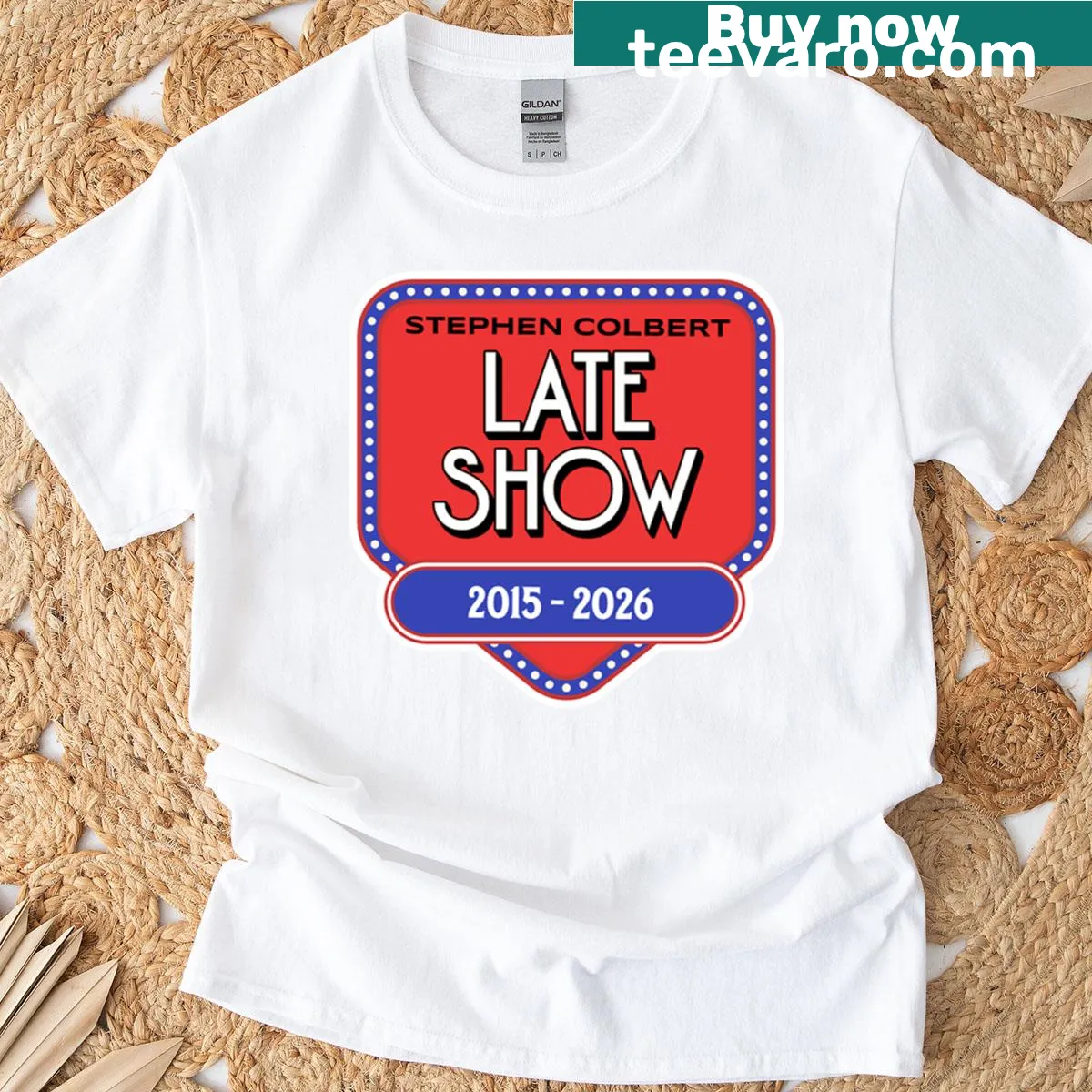 Commemorative Late Show t-shirt featuring years 2015 to 2026. — on a men's t-shirt
