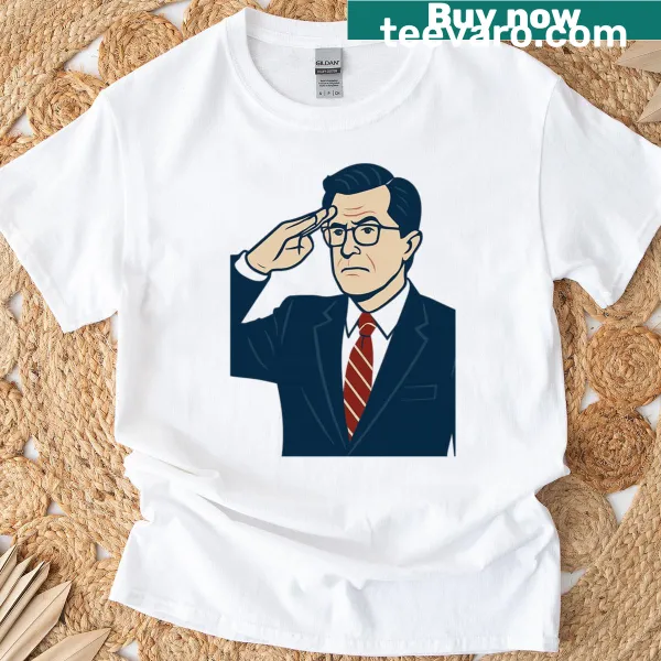 T-shirt featuring Stephen Colbert in a salute pose, celebrating late-night comedy