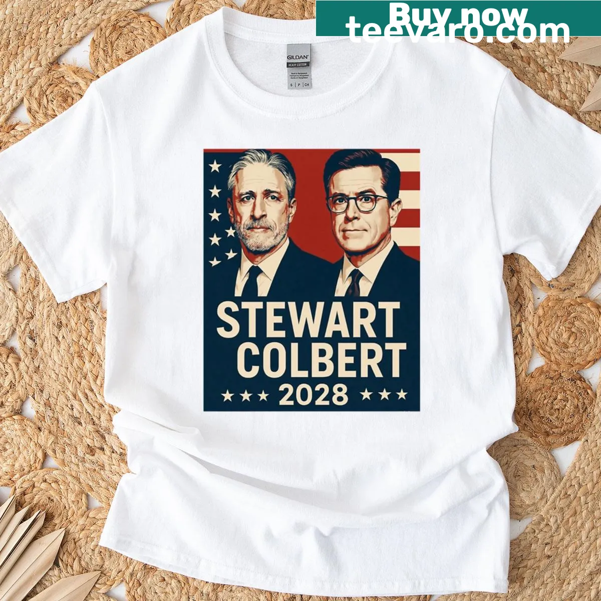 Witty T-shirt featuring Stewart Colbert campaign design for 2028 — on a men's t-shirt