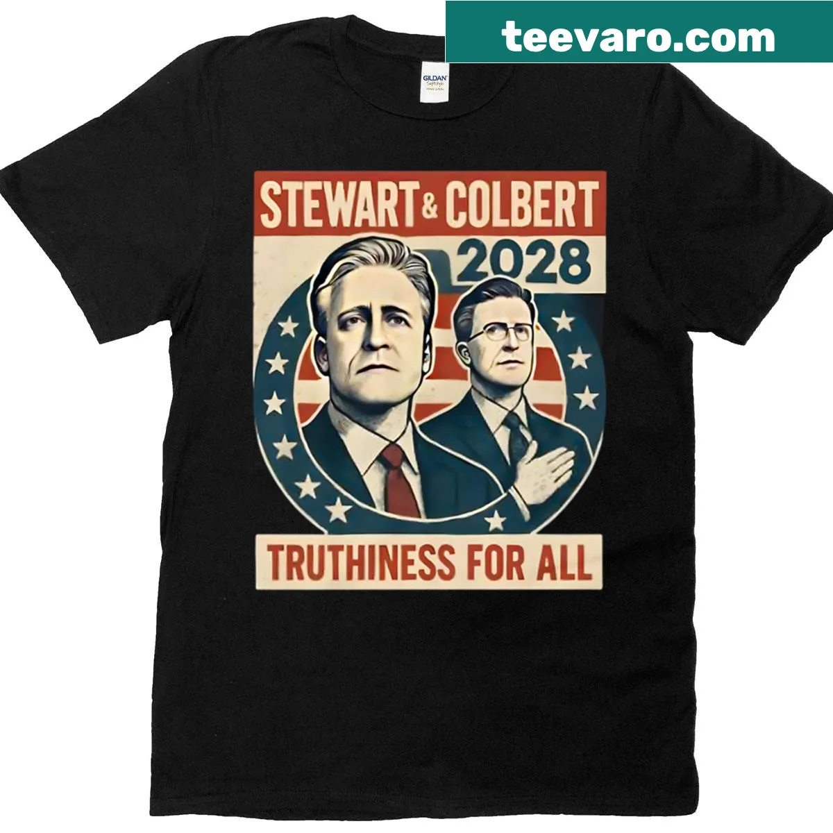 Retro art t-shirt with Stewart Colbert 2028 design promoting 'Truthiness For All' — on a men's t-shirt
