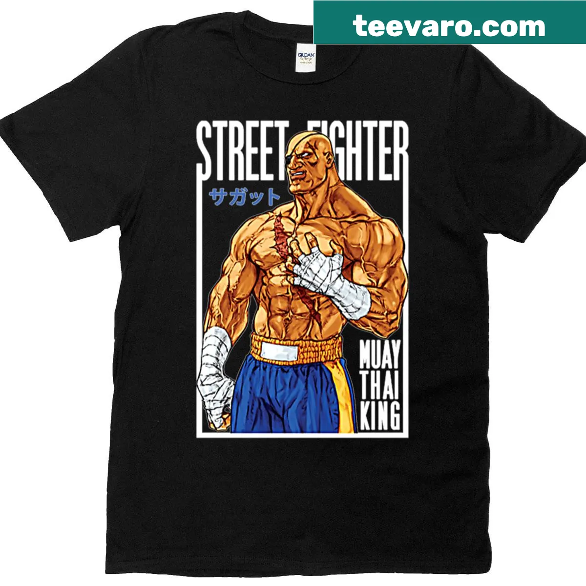 Bold Street Fighter Sagat graphic t-shirt with character illustration — on a men's t-shirt