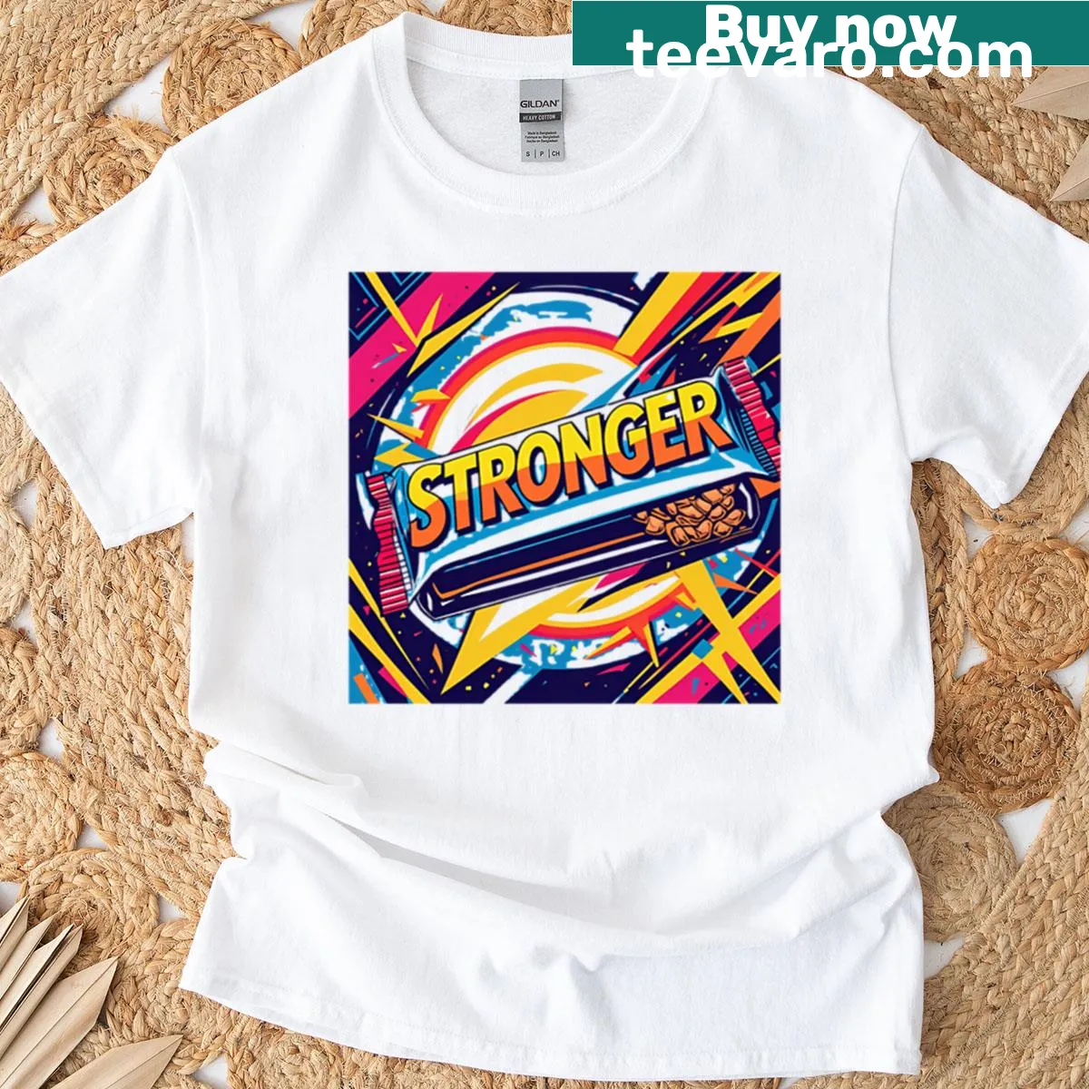 Oversized t-shirt with 'Stronger Candy Bar' text for gym lovers — on a men's t-shirt