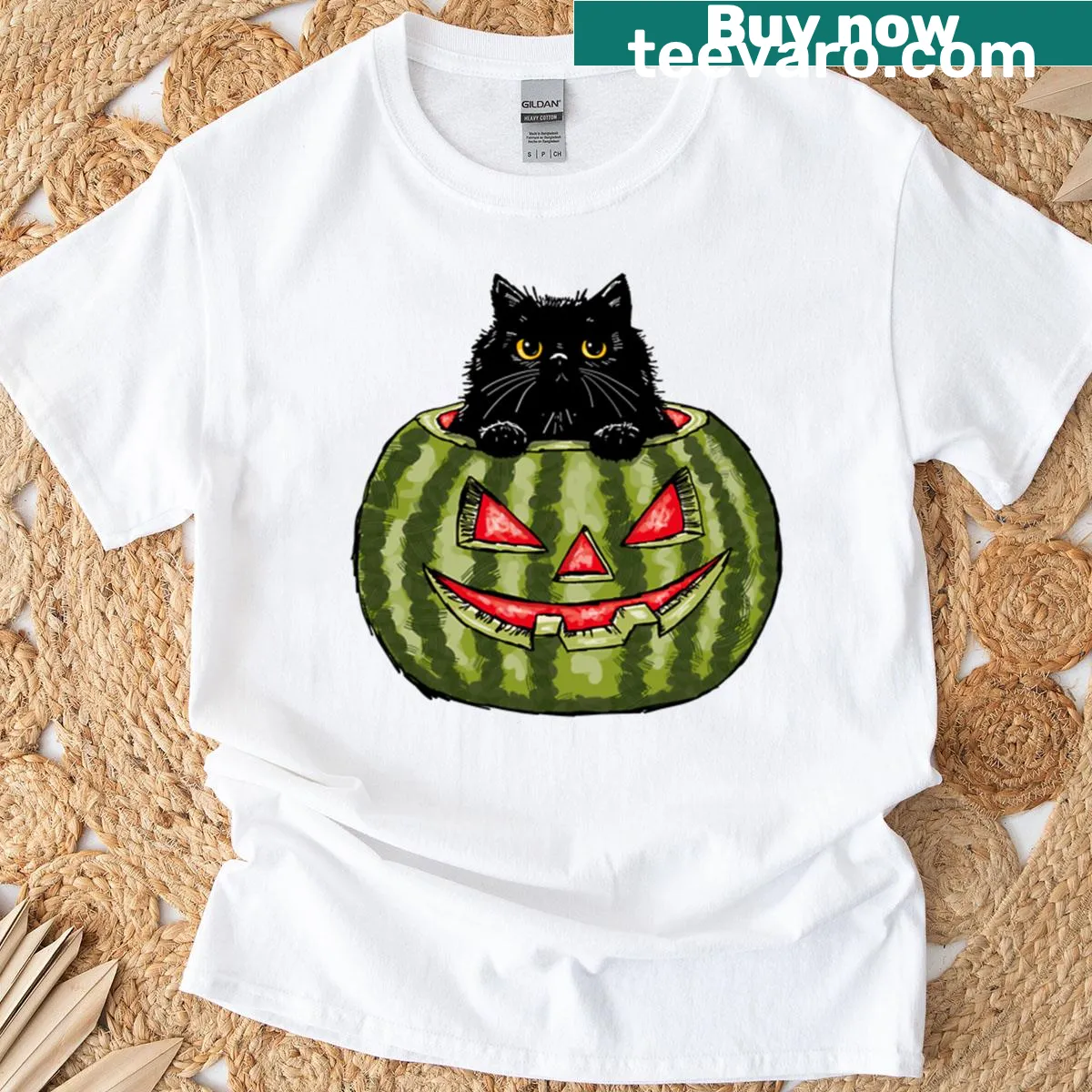 Cute illustration of a kitty with watermelon on a t-shirt — on a men's t-shirt