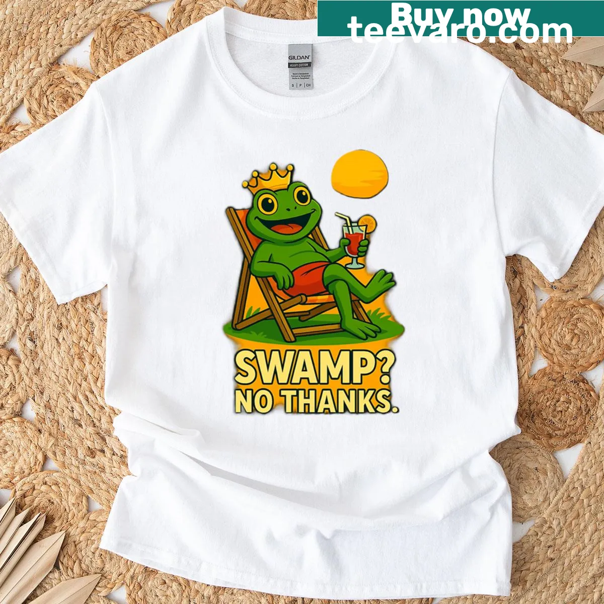 Chill mode frog king graphic on a humorous t-shirt — on a men's t-shirt