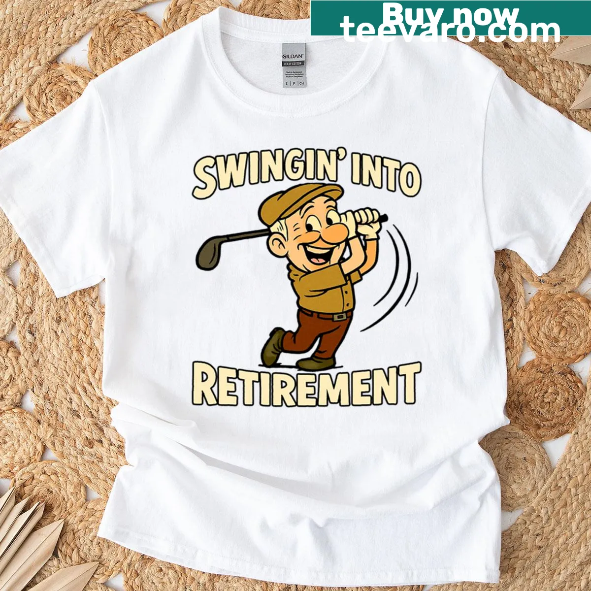 T-shirt with 'Swingin Into Retirement' text design — on a men's t-shirt
