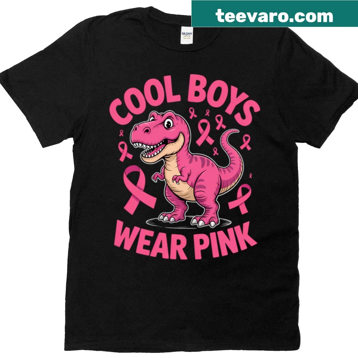 Cute T-Rex illustration promoting breast cancer awareness — on a men's t-shirt