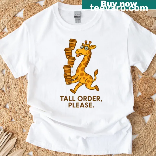 Giraffe humor t-shirt with coffee-themed illustration