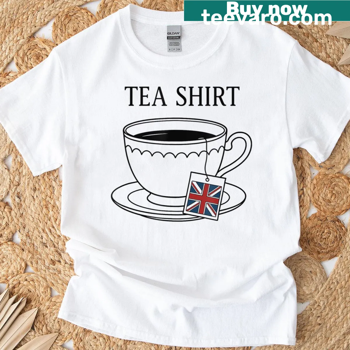 Vintage tea cup design with Union Jack on t-shirt — on a men's t-shirt