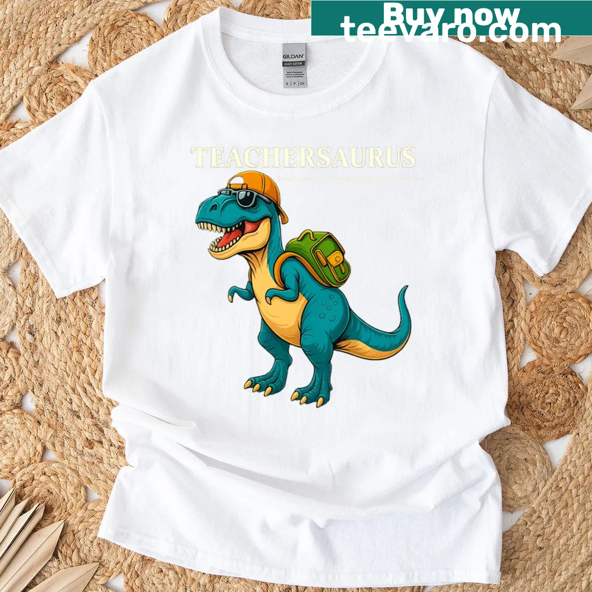 Funny 'Teachersaurus' dinosaur graphic on a T-shirt — on a men's t-shirt