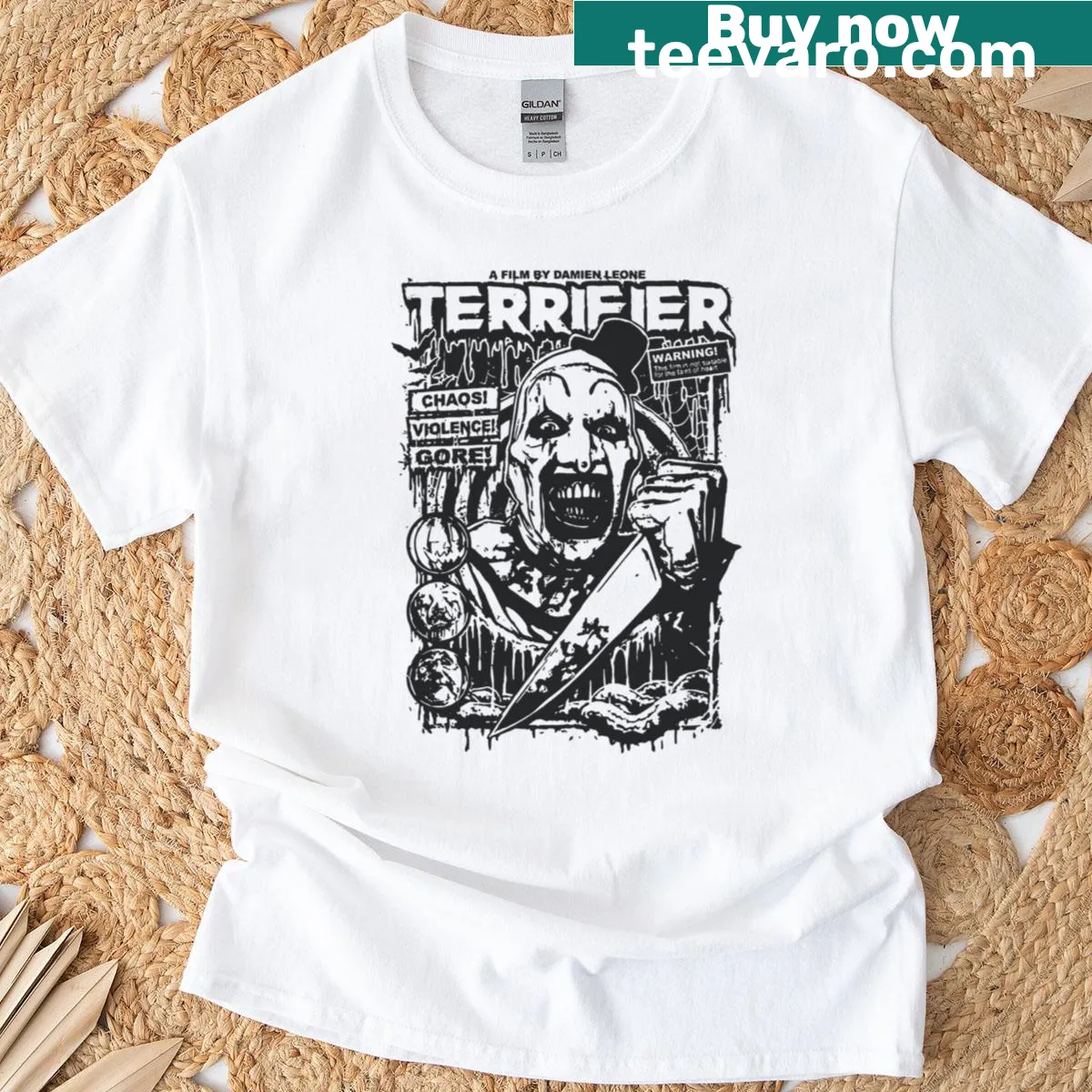 Terrifier movie art featuring a sinister clown on a Halloween T-shirt — on a men's t-shirt