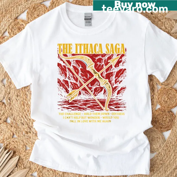 Illustrated design depicting Ithaca's epic musical journey on a t-shirt