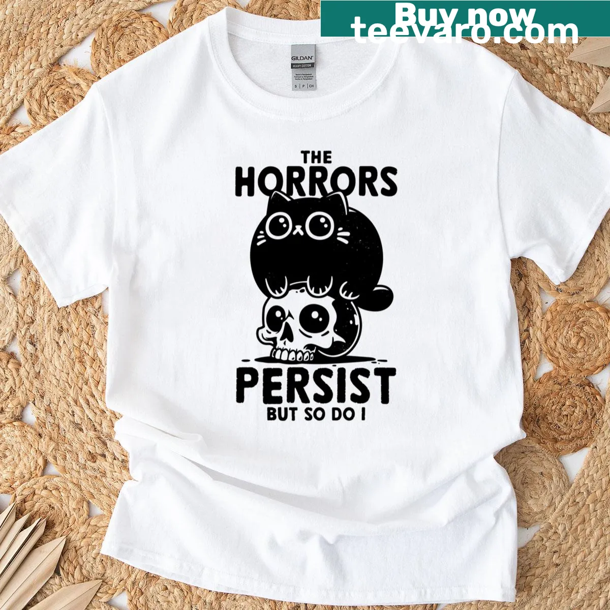 Cartoon fat cat graphic with horror survivor theme on a t-shirt — on a men's t-shirt