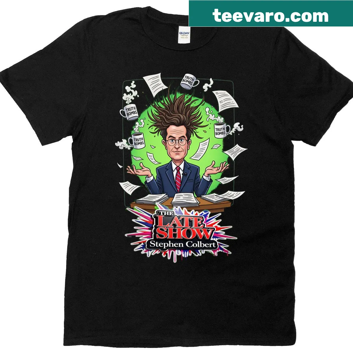 Cartoon design inspired by The Late Show with Stephen Colbert — on a men's t-shirt