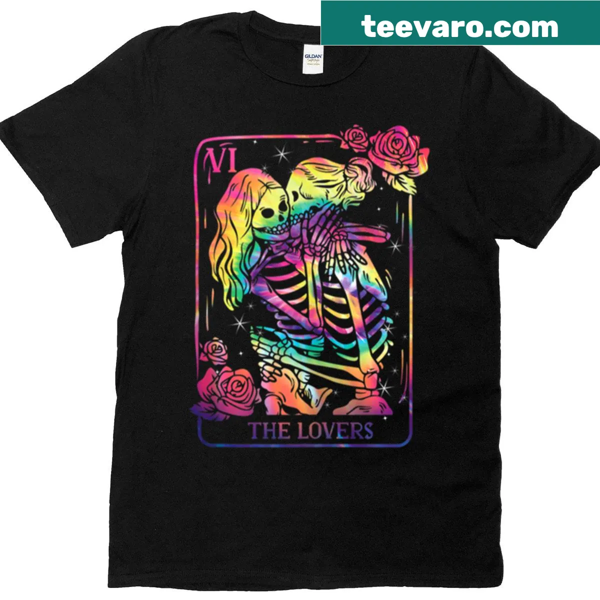 Gothic tarot card design featuring kissing skeletons on a tie-dye shirt — on a men's t-shirt