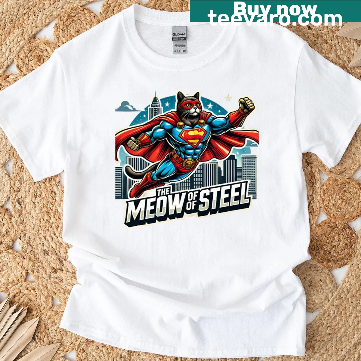 Cartoon cat in a superhero pose with the phrase 'The Meow of Steel'. — on a men's t-shirt