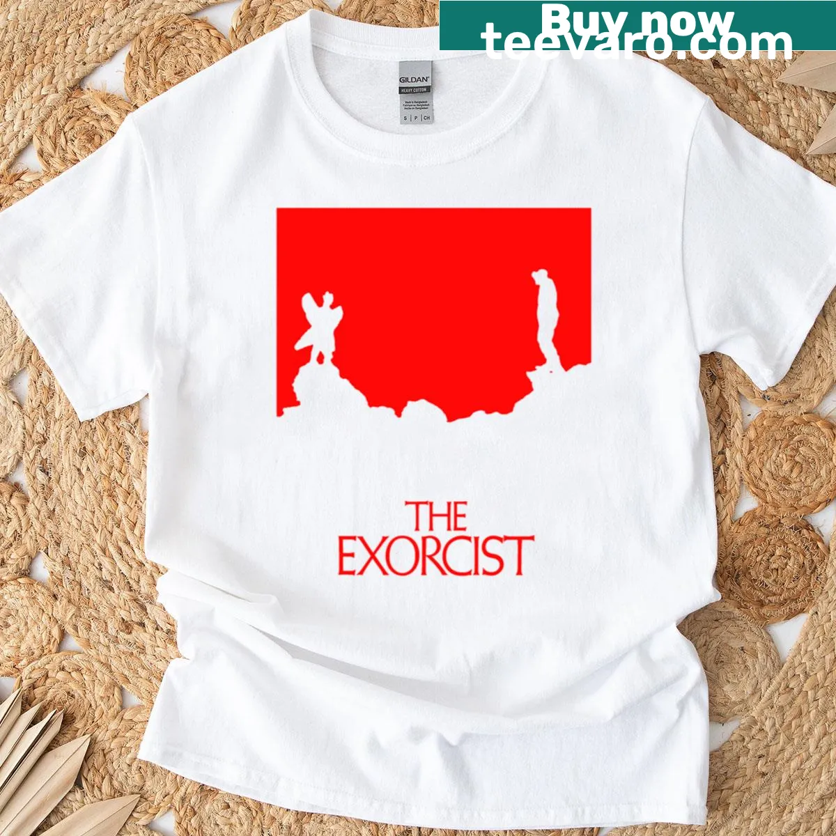 Minimalist typography graphic on a movie-themed T-shirt — on a men's t-shirt