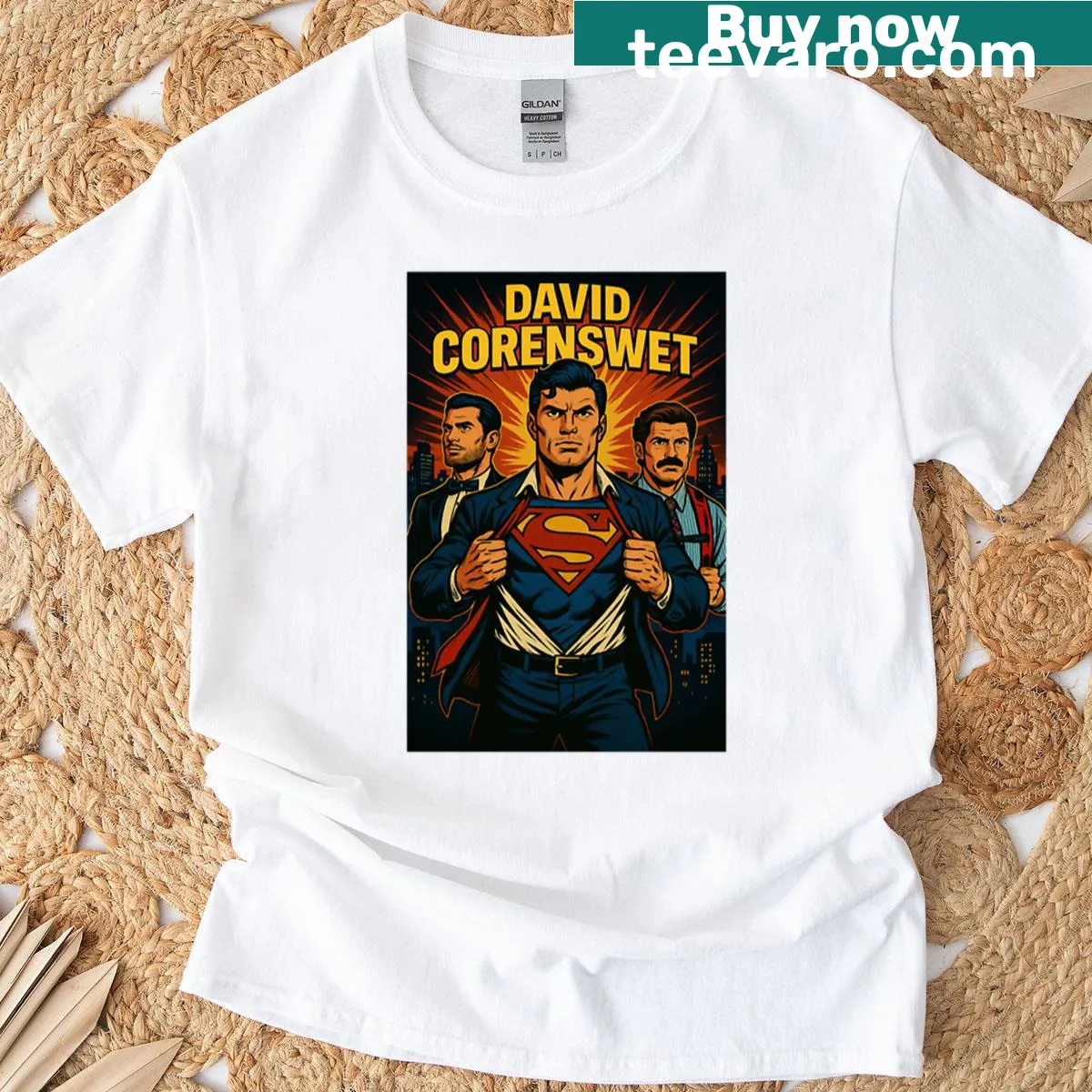 Illustration of David Corenswet as Man of Steel on an oversized t-shirt. — on a men's t-shirt