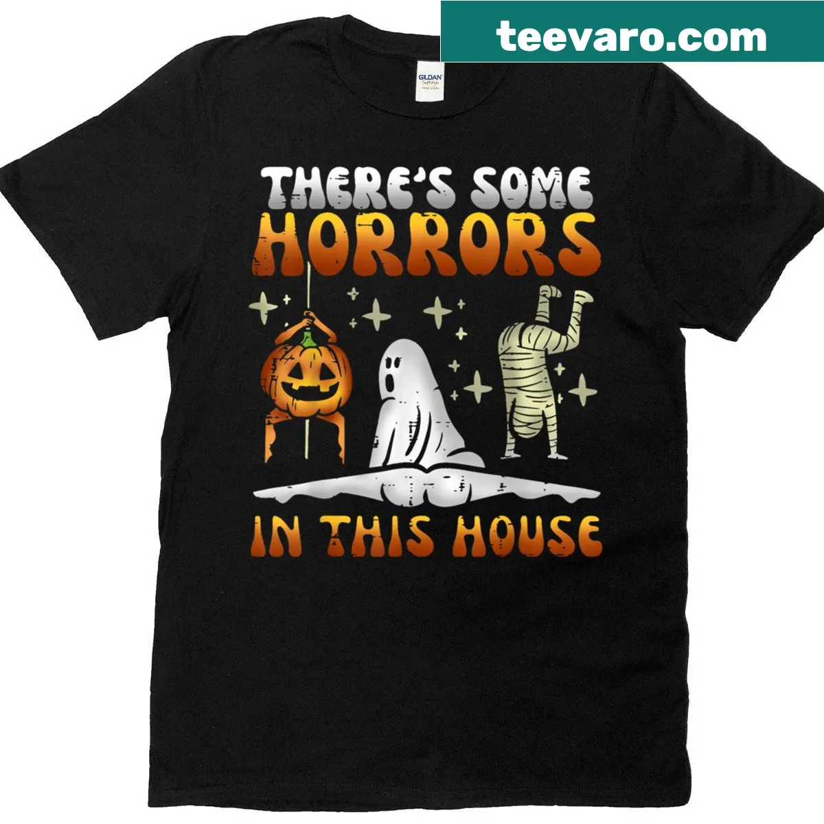 Funny Halloween T-shirt with text about horrors in the house — on a men's t-shirt